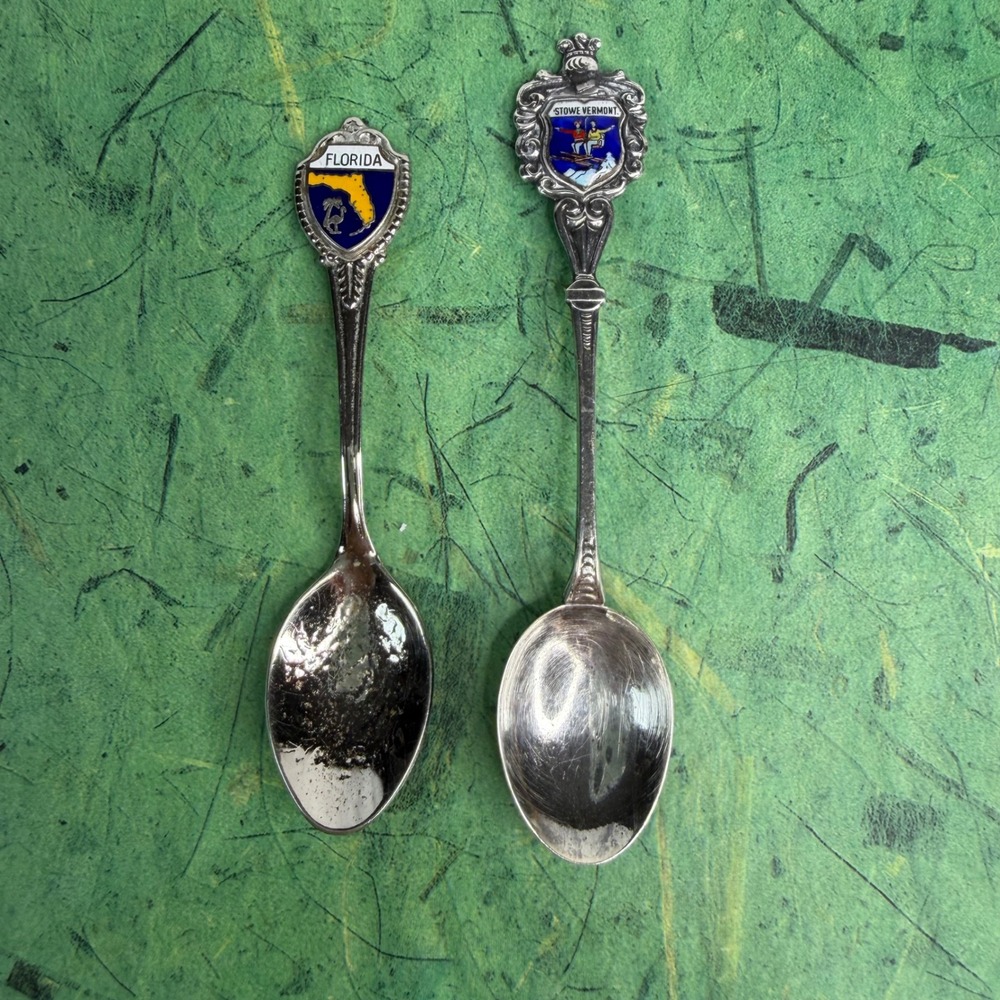 Vintage Souvenir Spoons Florida Stowe Vermont Skiing Lot of 2 Collection